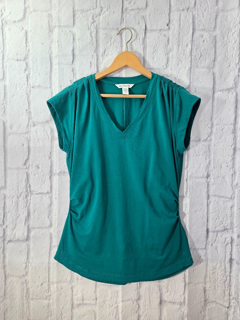 Athleta Outbound Medium Green V Neck Shortsleeve Ruched Lightweight Casual Tee